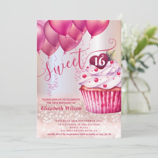 Girly roze ballon cupcake Roos gouden glitterij Kaart (Staand voorkant)