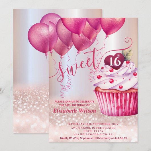 Girly roze ballon cupcake Roos gouden glitterij Kaart (Voorkant / Achterkant)