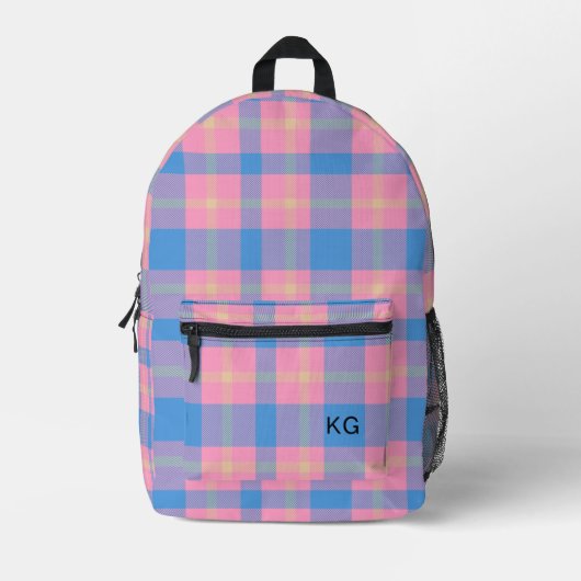 Girly Roze & Blauw Plaid Monogram Initialen Bedrukte Rugzak (Voorkant)