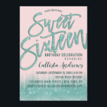 Girly Roze Blauwgroen Glitter Typografie Sweet 16 Kaart<br><div class="desc">Deze moderne en girly Sweet 16 uitnodiging is het perfecte ontwerp voor het chique en trendy verjaardagsmeisje. Het beschikt over een en glamoureuze faux bedrukte aqua blauwgroen groene sparkle glitter pailletten en zwarte ombre gradient. Het toont ook blauwgroen sprankelende glitter, "Sweet Sixteen" penseelstreek typografie. Het elegante en stijlvolle designthema zal...</div>