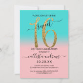 Girly Roze Blauwgroen Goud Glitter Ombre Sweet 16 Kaart (Voorkant)