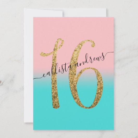 Girly Roze Blauwgroen Goud Glitter Ombre Sweet 16 Kaart (Achterkant)