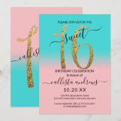 Girly Roze Blauwgroen Goud Glitter Ombre Sweet 16 Kaart (Voorkant / Achterkant)