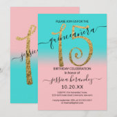 Girly Roze Blauwgroen Gouden Glitter Ombre Quincea Kaart (Voorkant / Achterkant)