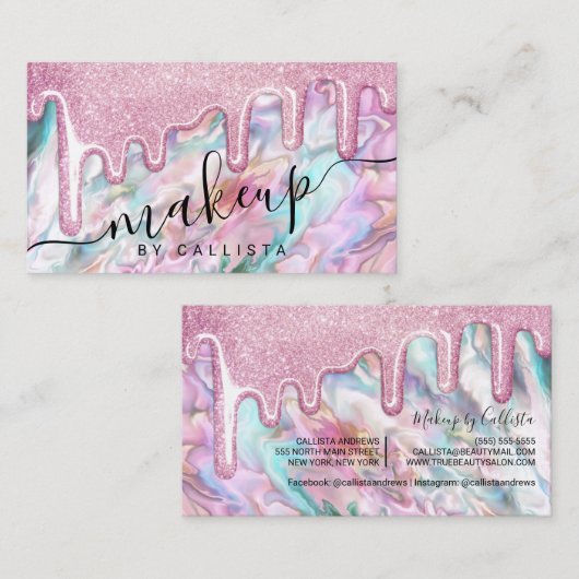 Girly Roze Blauwgroen Pearl Opal Glitter Druppels  Visitekaartje (Voorkant / Achterkant)