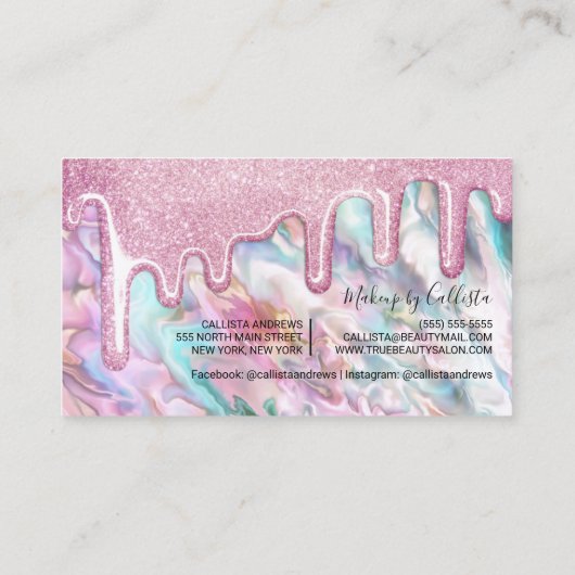 Girly Roze Blauwgroen Pearl Opal Glitter Druppels  Visitekaartje (Achterkant)