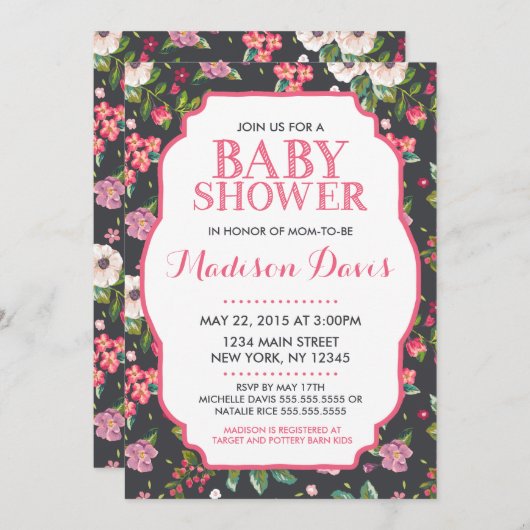 Girly Roze Bloemen Baby Douche Uitnodigingen (Voorkant / Achterkant)