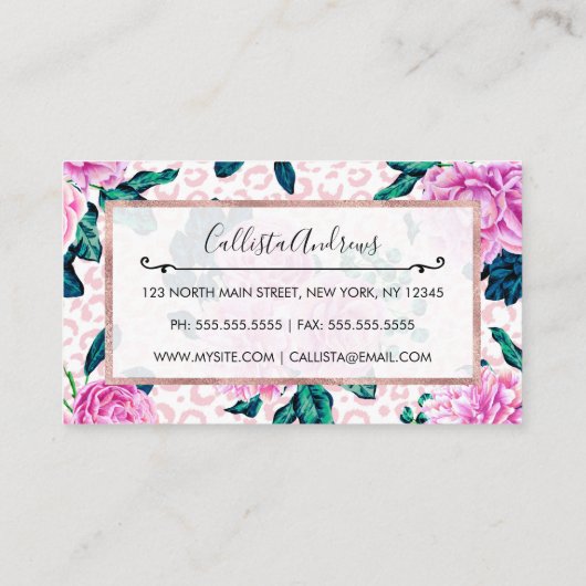 Girly roze bloemen en luipaard dierenprint visitekaartje (Achterkant)