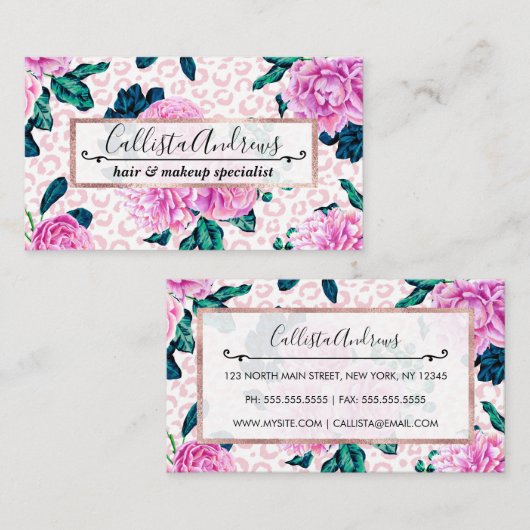 Girly roze bloemen en luipaard dierenprint visitekaartje (Voorkant / Achterkant)