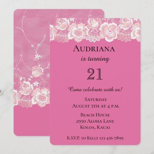 Girly Roze Bloemen Kant Verjaardag Kaart (Voorkant / Achterkant)