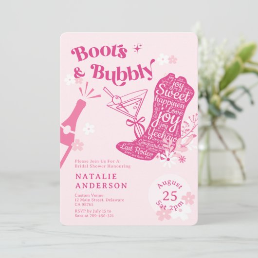 Girly Roze Bloemen Laarzen & Bubbly Vrijgezellenfe Kaart (Staand voorkant)