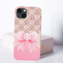 Girly Roze Bloemen Rozen lint en kant iPhone 15 Mini Hoesje