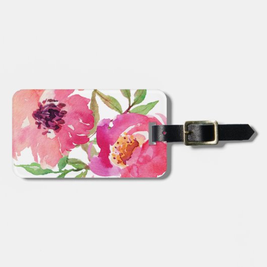Girly Roze Bloemen Waterverf Custom Bagagelabel (Voorkant horizontaal)