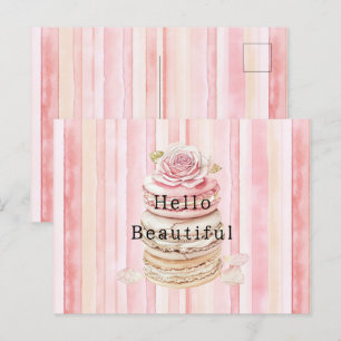 Girly Roze Blush Witte Strepen Macarons Briefkaart