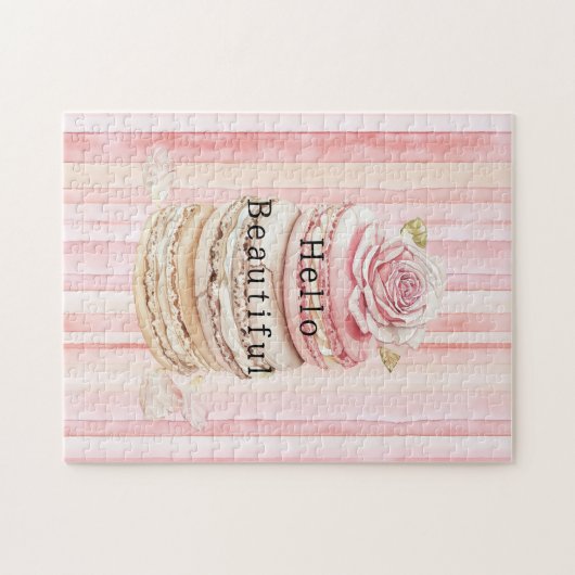 Girly Roze Blush Witte Strepen Macarons Legpuzzel (Horizontaal)