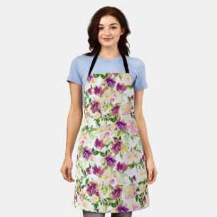 Girly Roze Bourgondische Waterverf Bloemen Schort