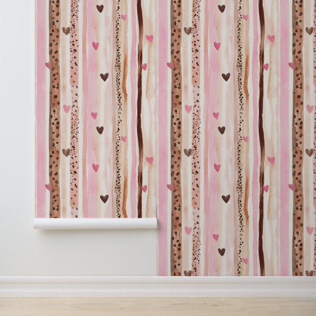 Girly Roze Bruin Luipaard Print Harten Strepen Behang (Applicatie)