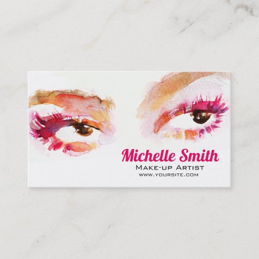 Girly Roze Bruine Waterverf Oog Make-up Artiest Visitekaartje (Voorkant)
