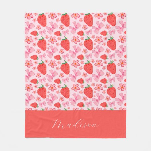 Girly Roze Coquette Bow Aardbei Custom Name Fleece Deken (Voorkant)