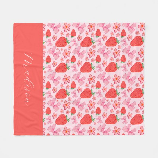 Girly Roze Coquette Bow Aardbei Custom Name Fleece Deken (Voorkant (Horizontaal))