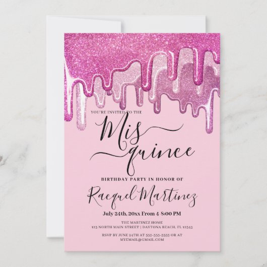Girly Roze Dikke Glitter Druppelt Foto Mis Quince Kaart (Voorkant)