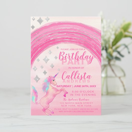 Girly Roze Eenhoorn Regenboog Waterverf Verjaardag Kaart (Staand voorkant)