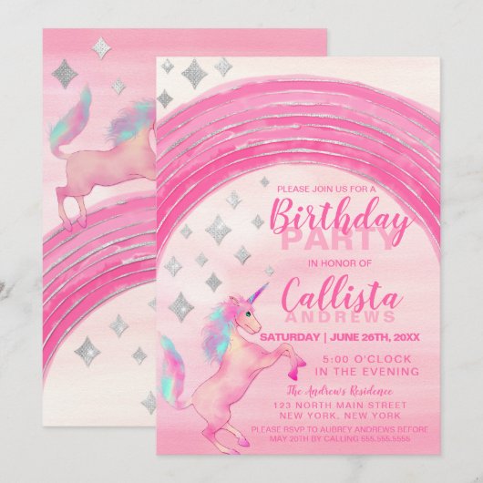 Girly Roze Eenhoorn Regenboog Waterverf Verjaardag Kaart (Voorkant / Achterkant)