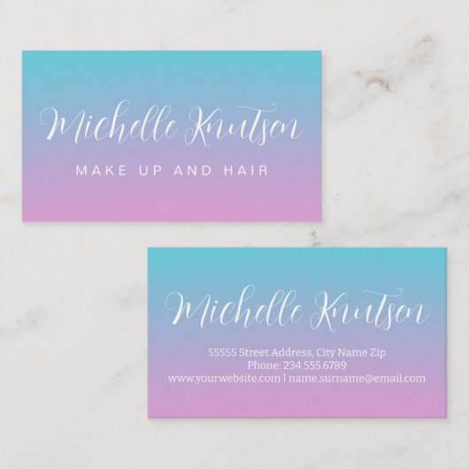 Girly Roze en blauw Make-up Artiest Haarsalon Visitekaartje (Voorkant / Achterkant)