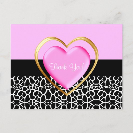 Girly roze en gouden hart Dank u Briefkaart (Voorkant)