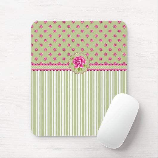 Girly Roze en Groen Bloemen Mousepad Muismat (Met muis)