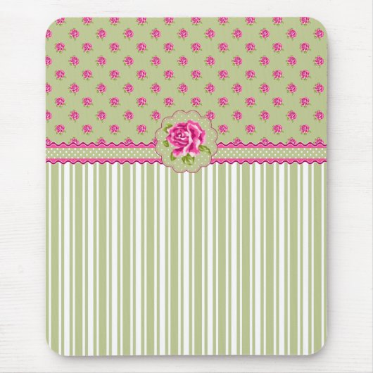 Girly Roze en Groen Bloemen Mousepad Muismat (Voorkant)
