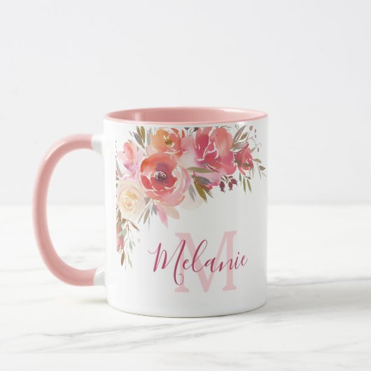 Girly Roze en Koraal Rozen Naam Monogram Mok (Links)