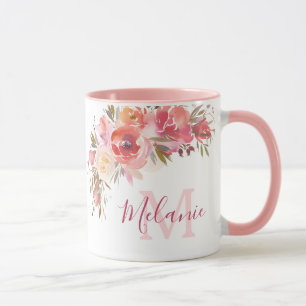 Girly Roze en Koraal Rozen Naam Monogram Mok