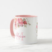 Girly Roze en Koraal Rozen Naam Monogram Mok (Voorkant links)