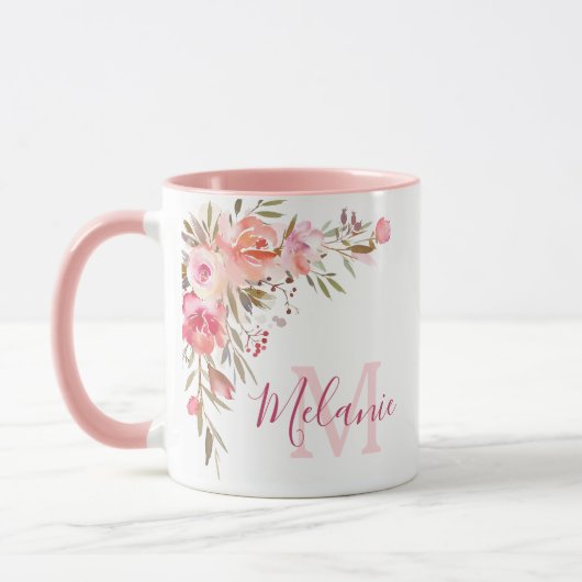Girly Roze en Koraal Rozen Naam Monogram Mok (Links)