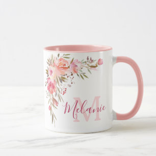 Girly Roze en Koraal Rozen Naam Monogram Mok