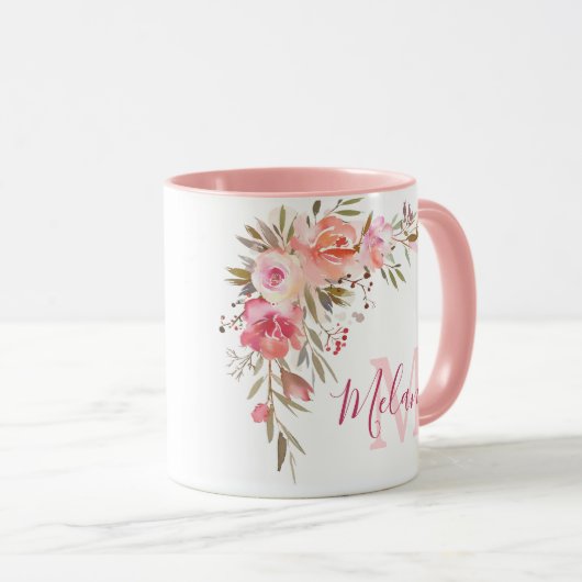 Girly Roze en Koraal Rozen Naam Monogram Mok (Voorkant rechts)