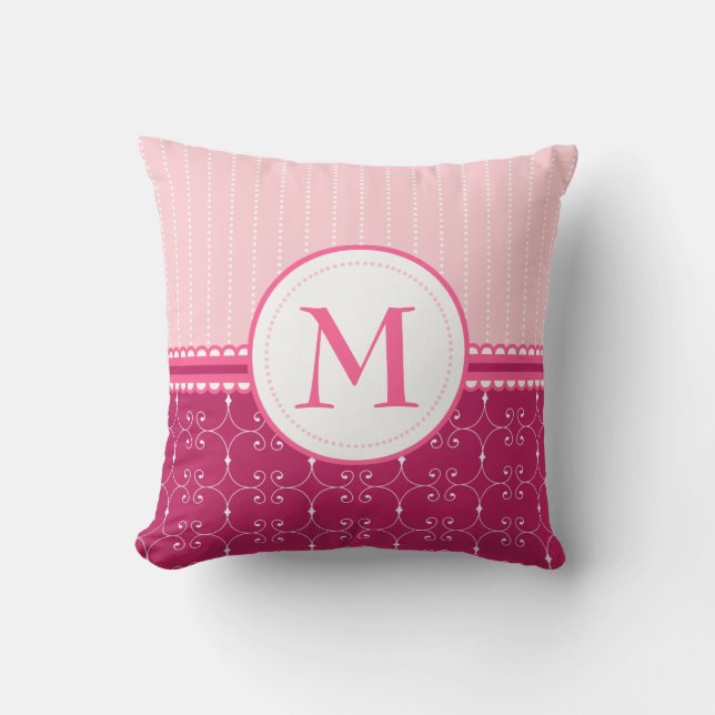 Girly roze en wit aangepaste monogram patroon kussen (Voorkant)