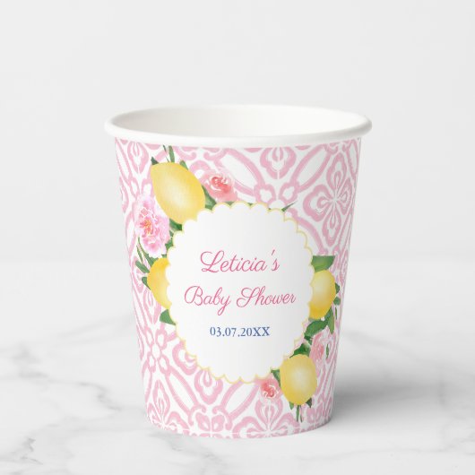 Girly roze en witte citroenen Baby shower Party Papieren Bekers (Achterkant)
