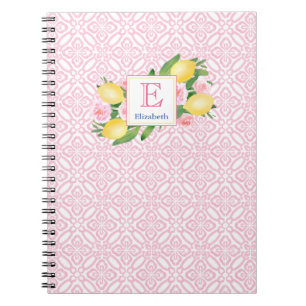 Girly roze en witte citrus citroenen monogram notitieboek