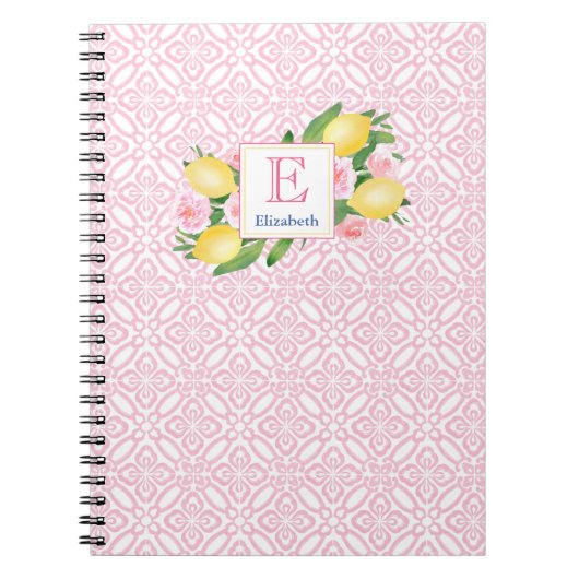 Girly roze en witte citrus citroenen monogram notitieboek (Voorkant)