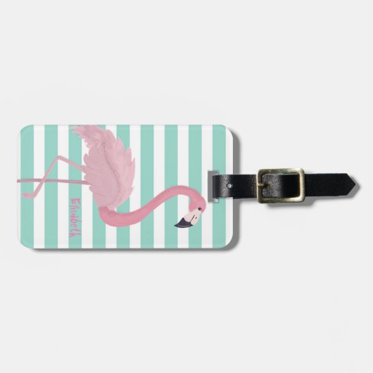 Girly roze flamingo on mint White Stripes Bagagelabel (Voorkant horizontaal)