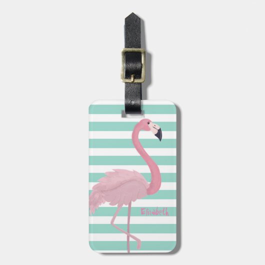 Girly roze flamingo on mint White Stripes Bagagelabel (Voorkant verticaal)