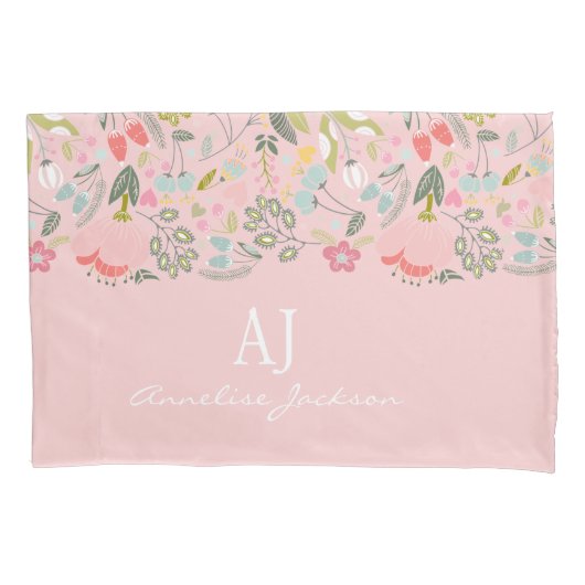 Girly roze floral chic monogram naam gepersonalise kussensloop (Voorkant)