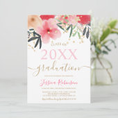 Girly roze floral gold glitter photoafstuderen kaart (Staand voorkant)