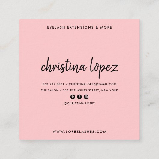 Girly roze glam wimpers moderne wimpers script vierkante visitekaartje (Achterkant)
