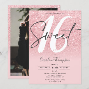 Girly roze glitter gradient chique foto Sweet 16 Kaart