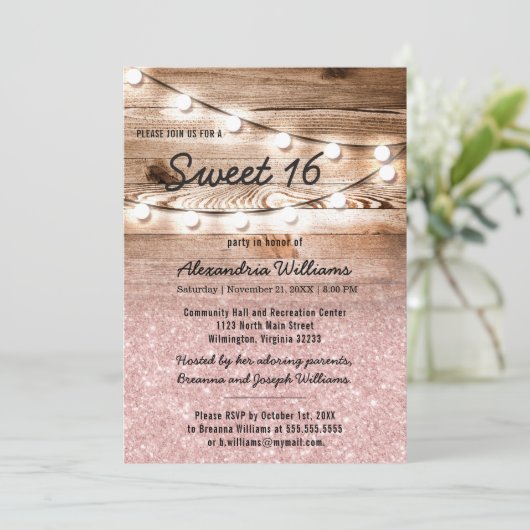 Girly Roze Glitter Hangende Lichten Hout Zoet 16 Kaart (Staand voorkant)