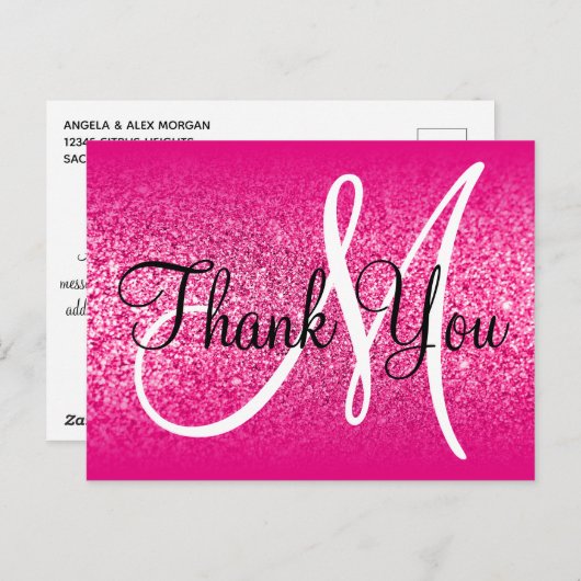 Girly Roze Glitter Ombre Monogram Bedankt Briefkaart (Voorkant / Achterkant)