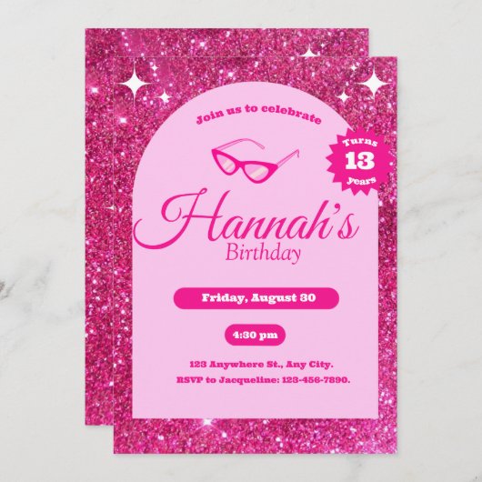 girly roze glitter schattig uitnodiging (Voorkant / Achterkant)